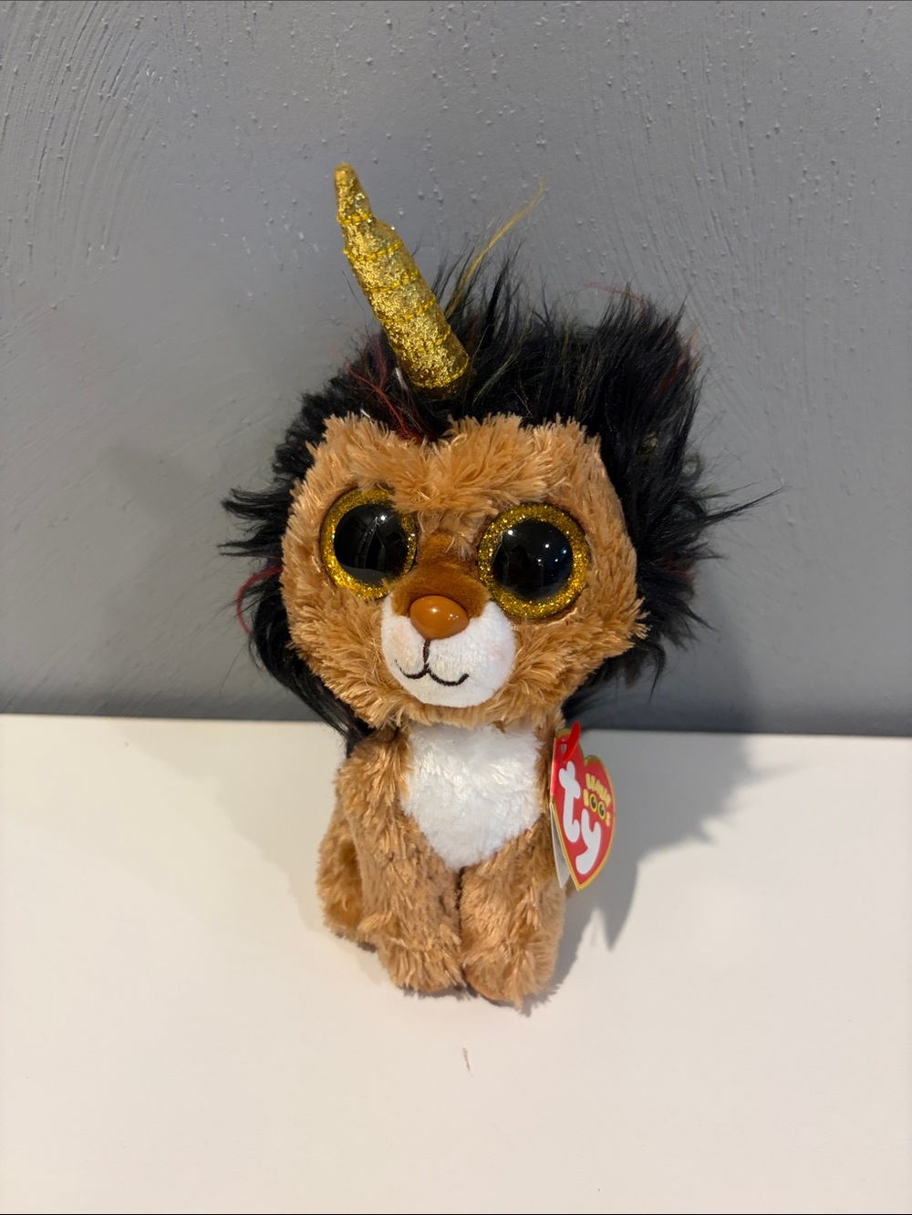 Ty beanie boo Ramsey Brown and Black Unicorn-Lion Plush with Gold Horn